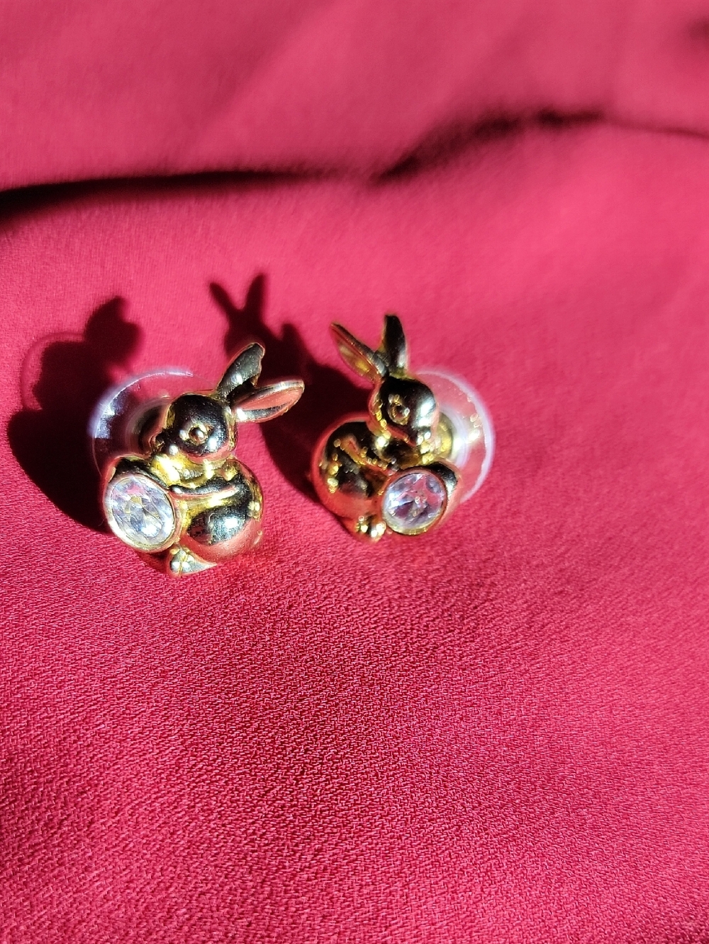 Gold Bunny Stud Earrings with Clear Stone Accent